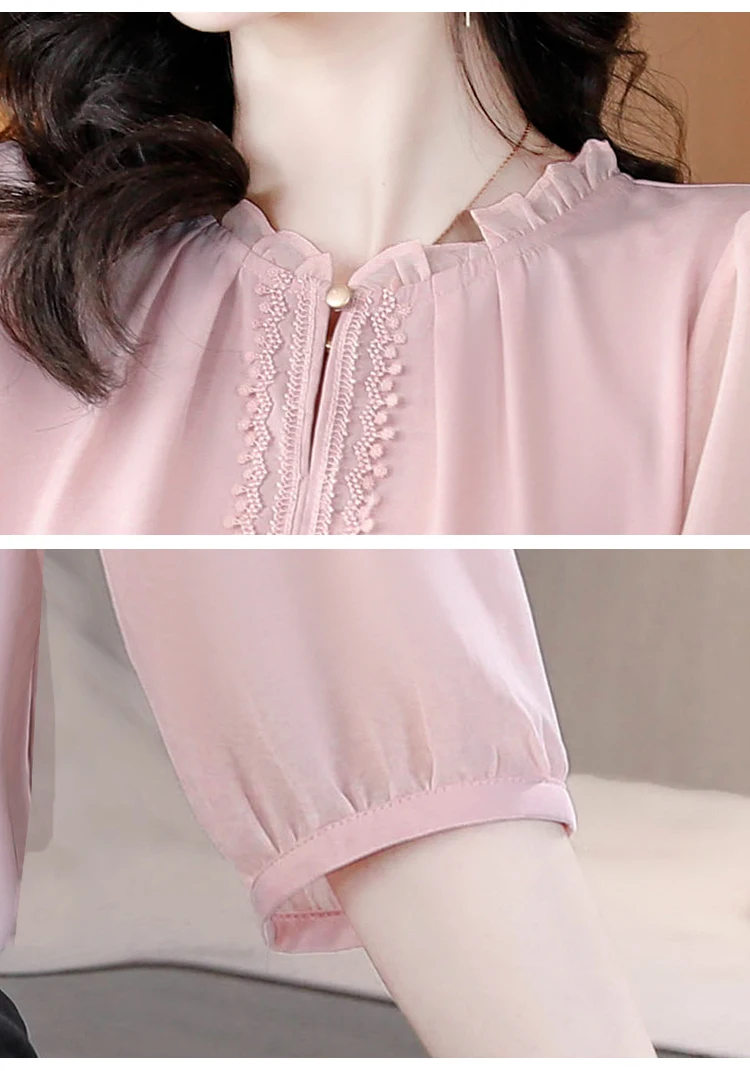 Silk Pink Solid Women\'s Top Chiffon Shirt 2023 Spring/Summer New O-Neck Silk Shirt Breathable Lightweight Shirt Small Shirt