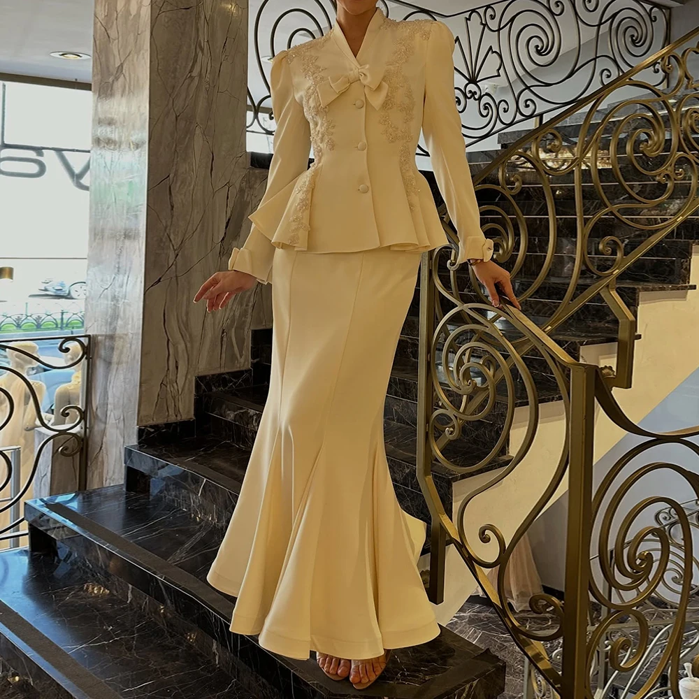 

Customized A-line Evening Dresses Ankle-length V-neck Full Sleeve Prom Gown Fashion Sequined Bow Lace-up Draped Party Gown