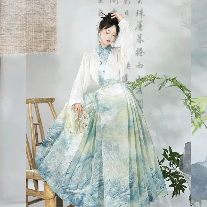 

Improved Hanfu Horse Face Skirt Women Chinese Traditional Vintage Print Hanfu Pleats Skirt White Shirt+Skirt Sets Plus Size