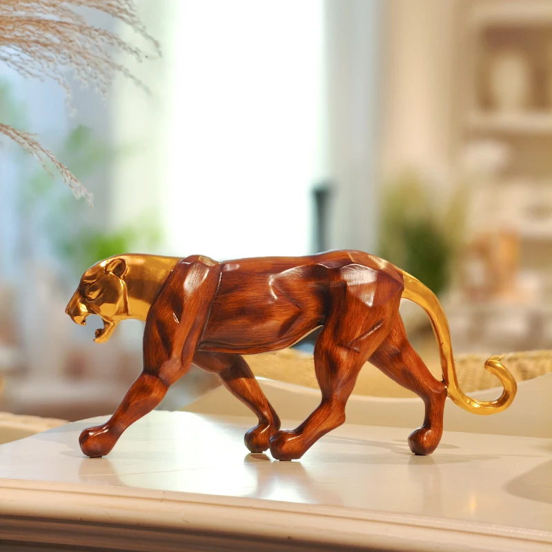 Golden Wood-Grain Leopard Sculpture Resin Ornament, Light-Luxury Decorative Accent for Bedroom, Living Room, Study or Office