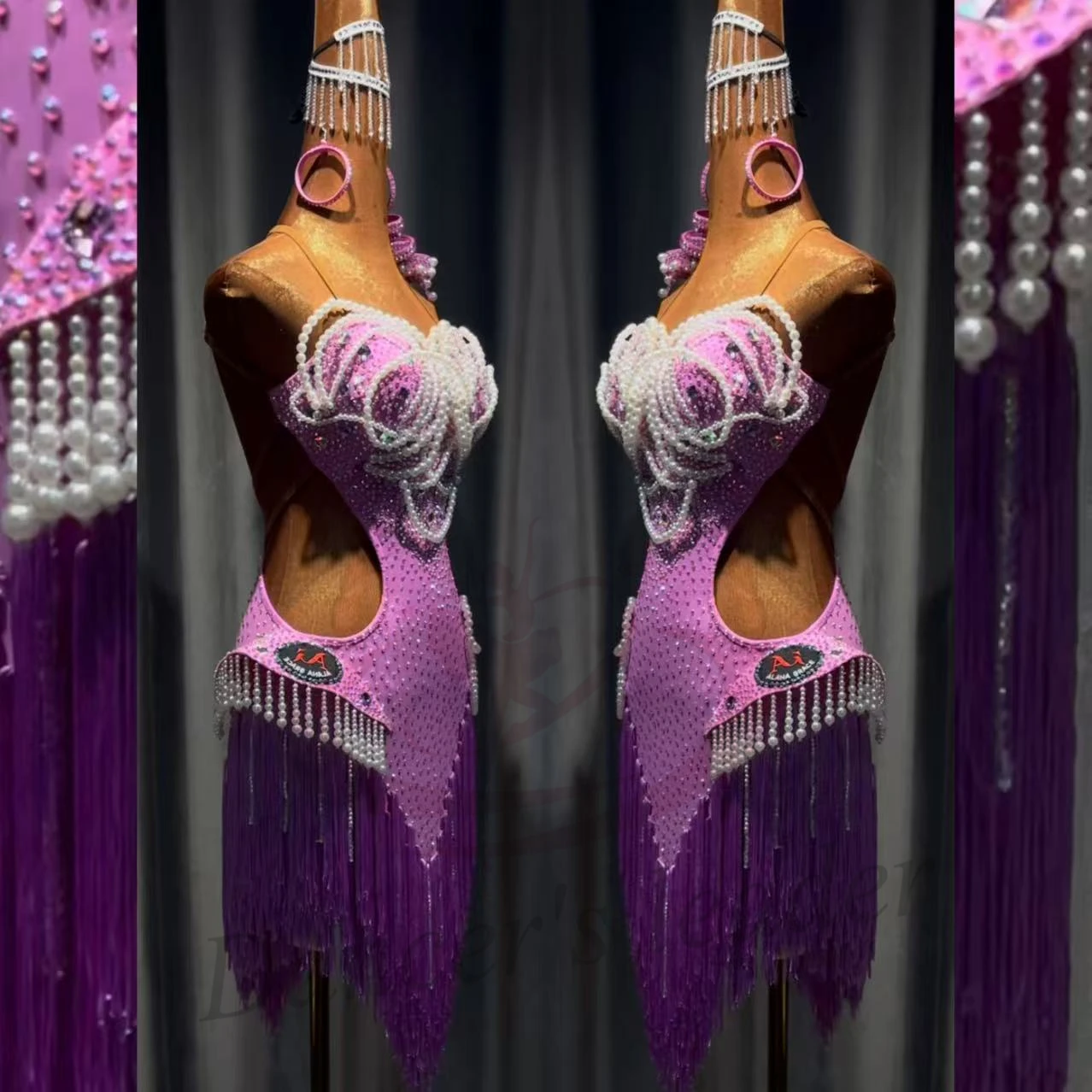 Bailarina latina para niños y adultos, falda con borlas y tirantes de perlas tejidas personalizadas de alta gama, vestido de actuación de piedra Samba AB