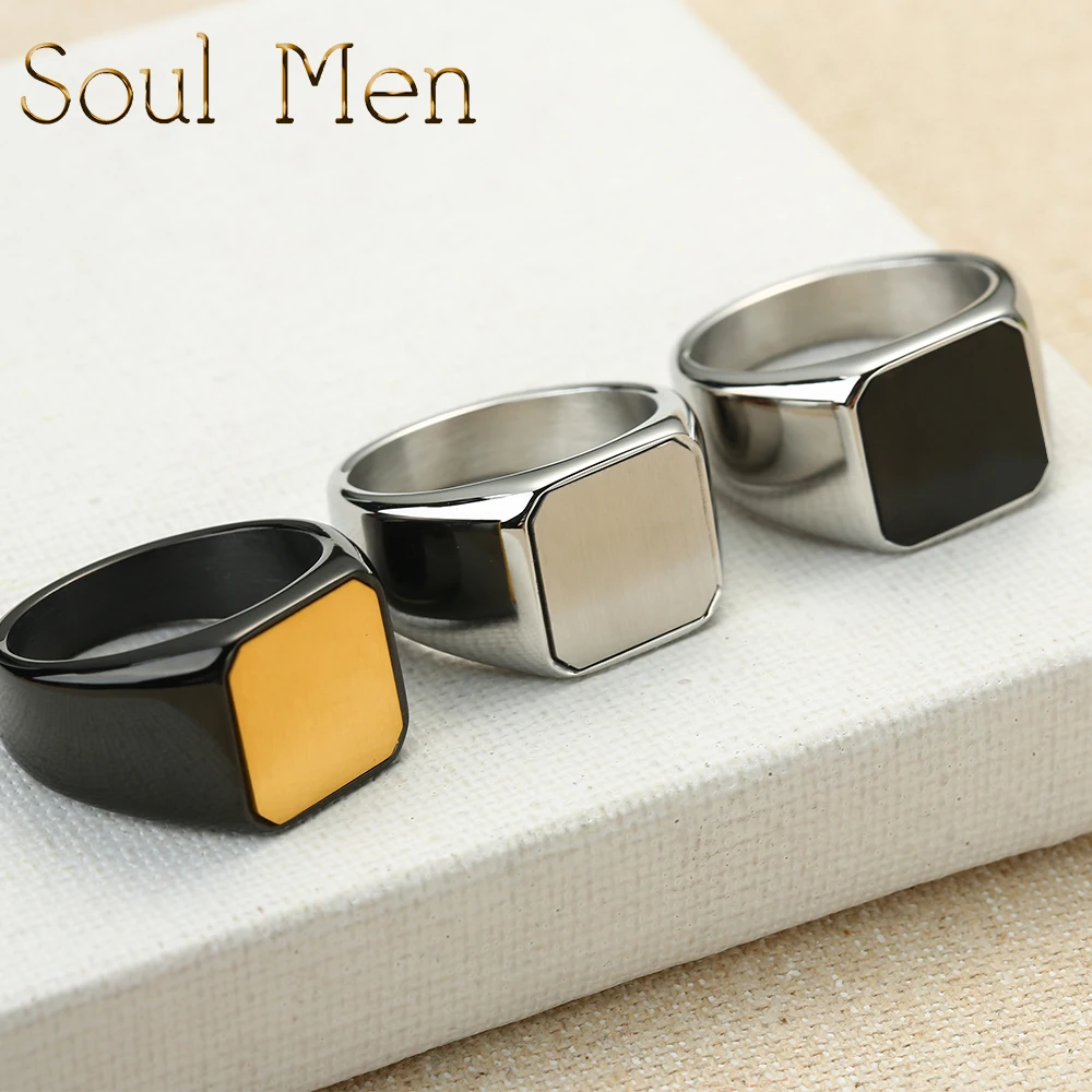 Signet Ring For Men Black Square Stainless Steel Finger Band Gothic Punk Stamp Rings Necklace Pure Titanium Earring Jewelery Set