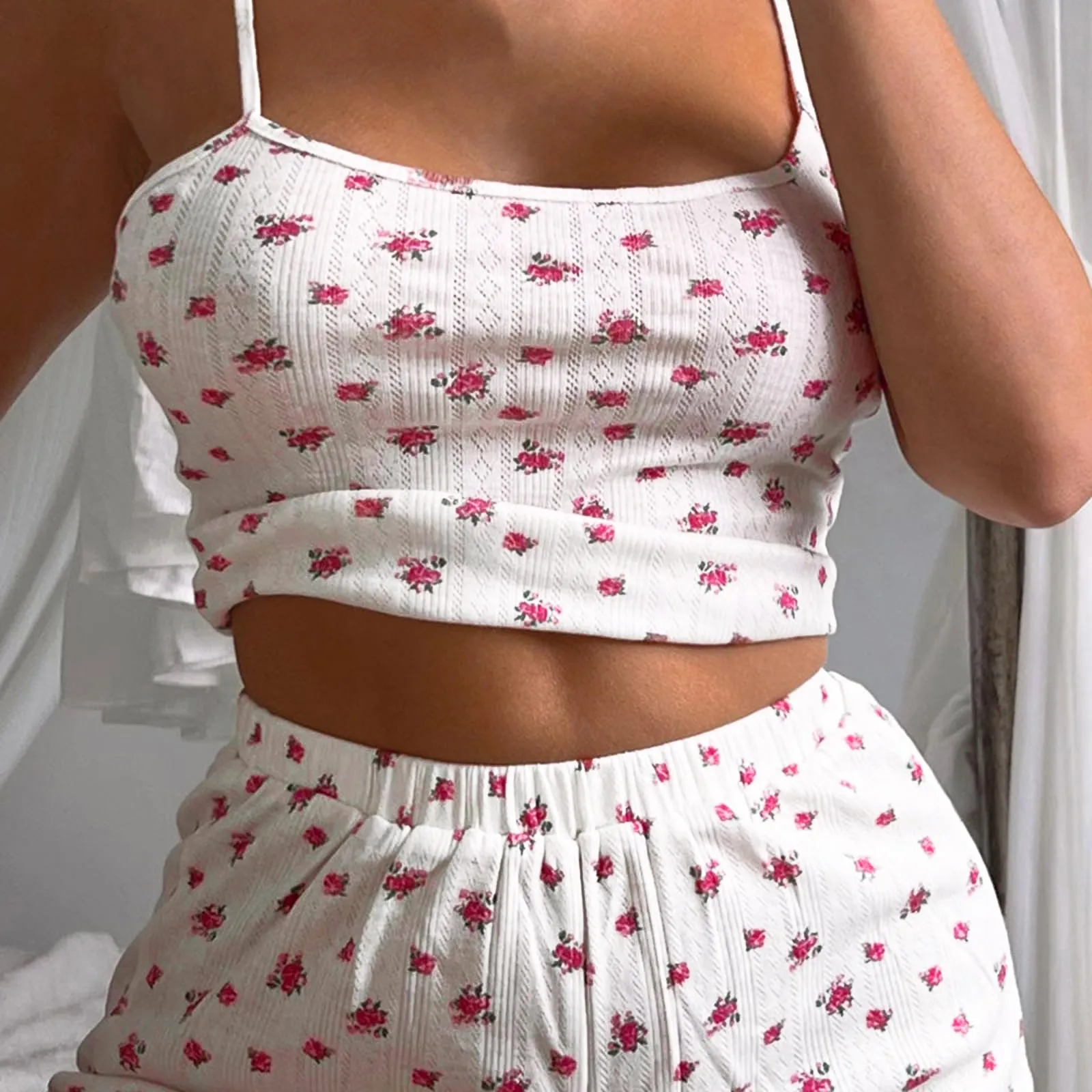 طقم بيجامات نسائية بطبعة زهور ، زي من قطعتين ، ملابس نوم مثيرة ، توبات وشورت أنيق ، ملابس منزلية ، طقم بيجامات ، الصيف