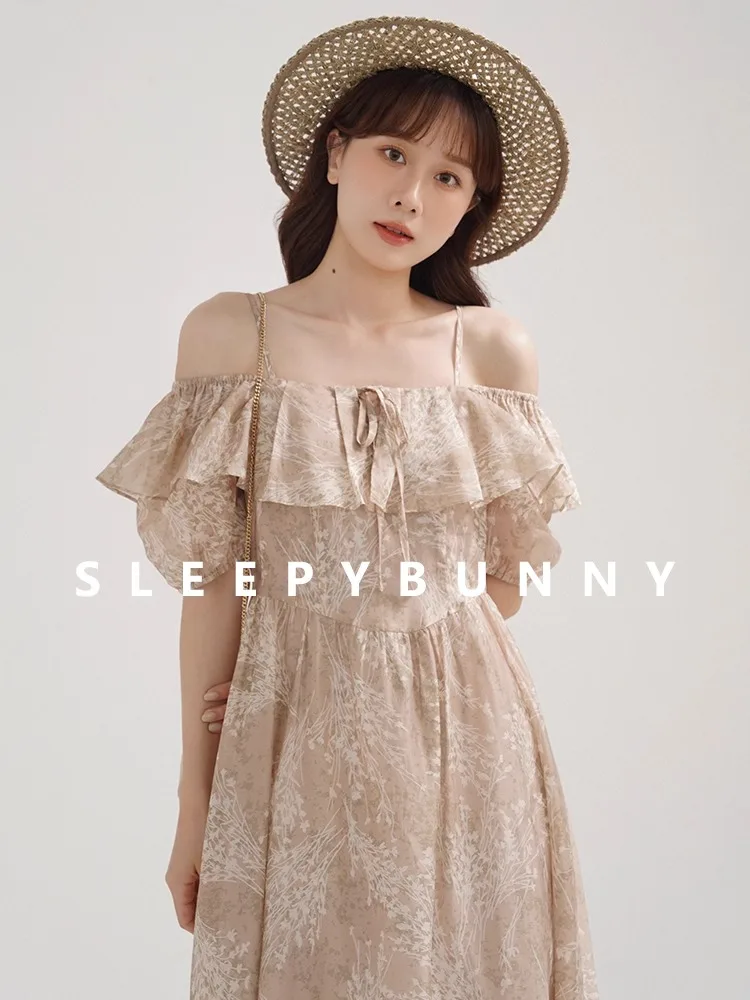 

Vintage Ruffle Off Shoulder Sundress for Women French Style Wear Spaghetti Strap Dress Summer Holiday Beach Dress Elegant Flowy