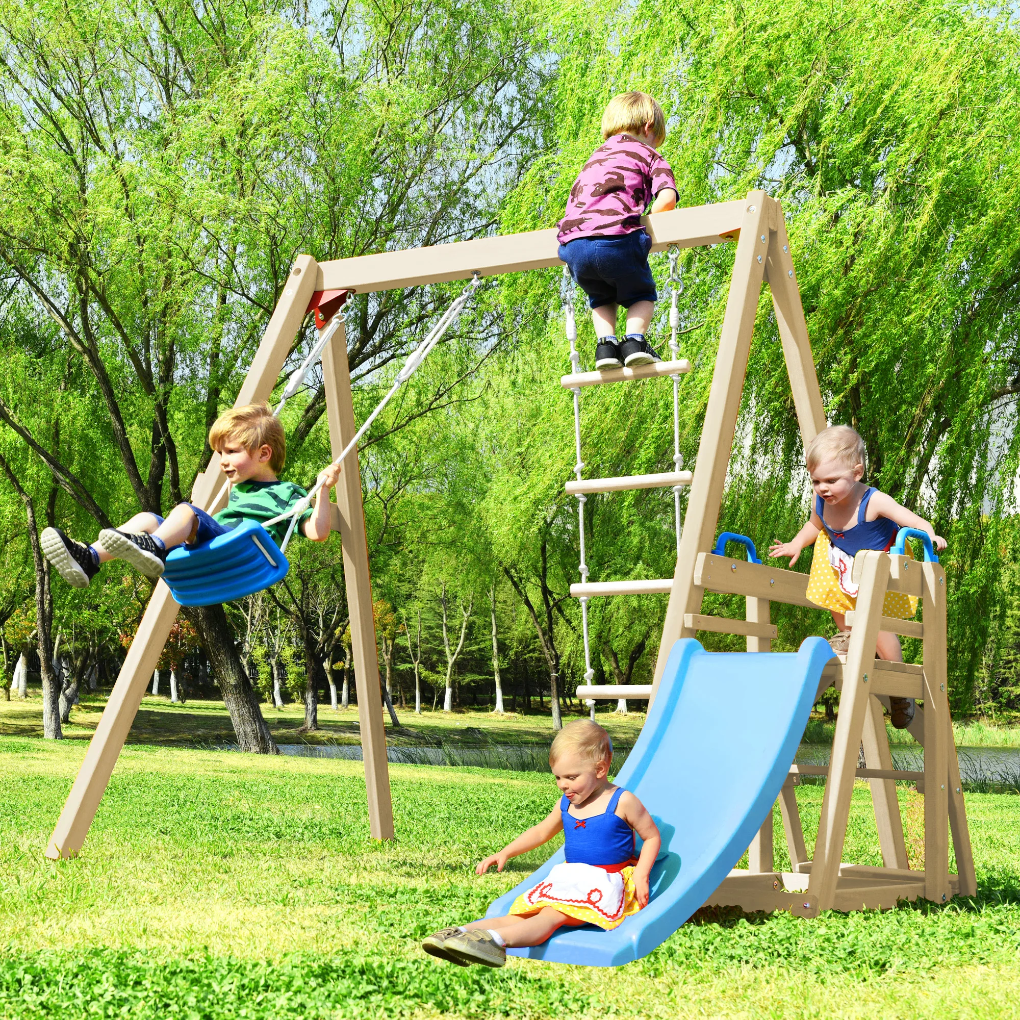 Wooden Swing Set with Slide, Outdoor Playset Backyard Activity Playground Climb Swing Outdoor Play Structure for Toddlers, Ready