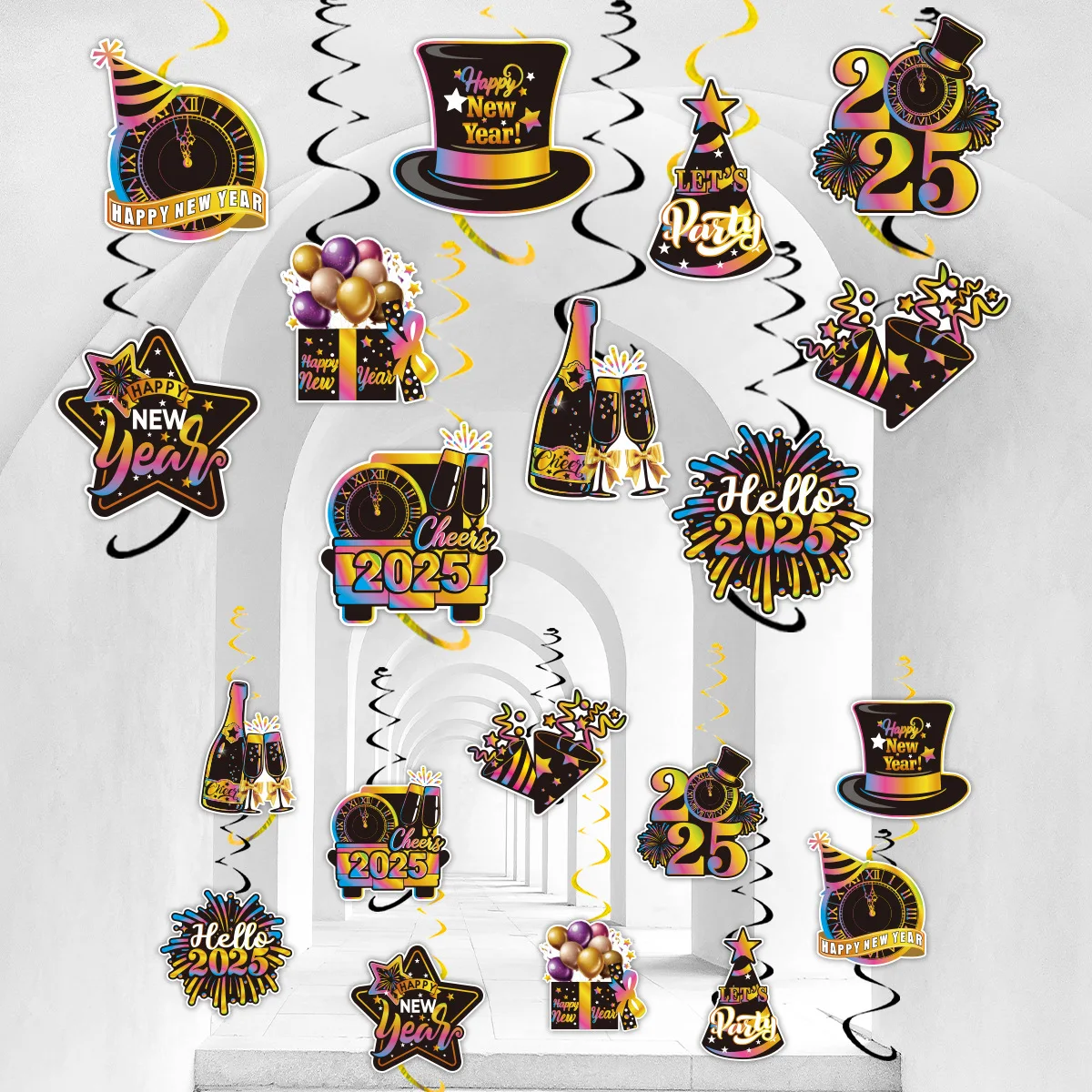 10Pcs/Set Colorful Black Happy New Year Theme Spiral Banner Swirl Hanging Garland for Home Family 2025 New Year Party Decoration