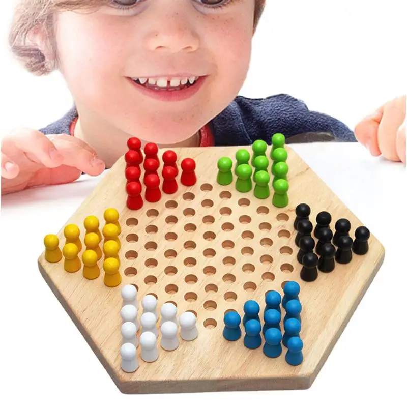 Checkers Board Game for Kids Wooden Chinese Checkers Toys with Colorful Pegs Educational Classic Strategy Family Checker Board