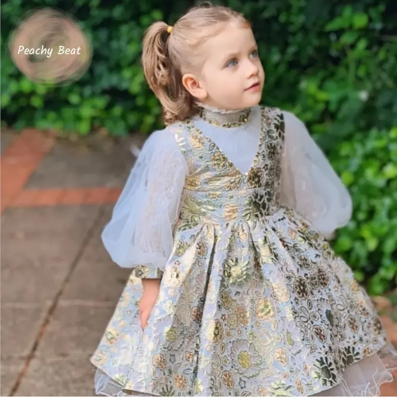 Baby Girl Princess Lace Pearl Tutu Dress Infant Toddler Child Mesh Vestido Long Sleeve Wedding Birthday Party Baby Clothes 1-14Y