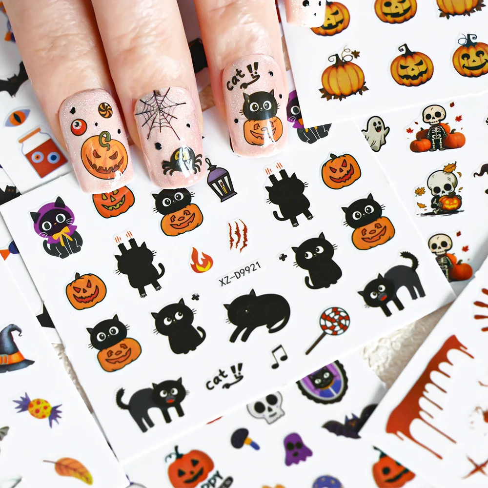 30 unidades de pegatinas 3D para uñas de Navidad y Halloween, sangre de terror, mano, rosa, calavera, gato negro, araña, calabaza, calcomanías adhesivas para uñas, deslizadores de uñas