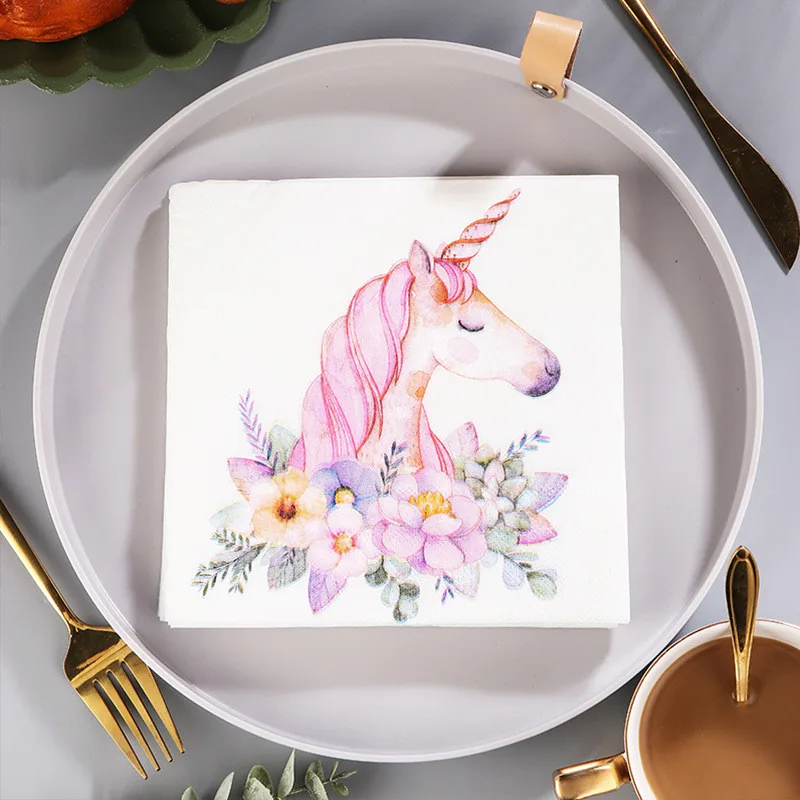 20Pcs Disposable Pink Unicorn Flower Printed Table Dinner Tissue Napkins Paper Wedding Party Decoration Supplies