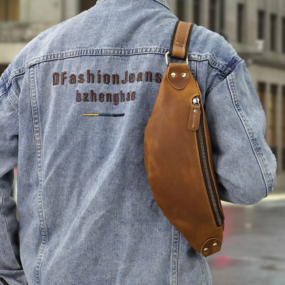 

YL-18X-304 Crazy Horse Genuine Leather Retro Men's Chest Head Cover Layer Cowhide Versatile Cowhide Waist Bag