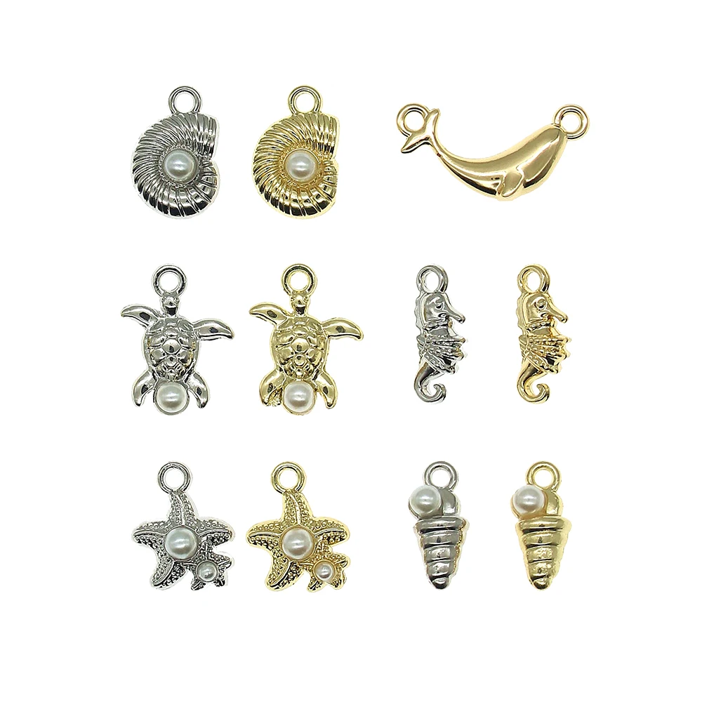 10pcs/lot Alloy Inlaid Mother-of-pearl Shell Conch Starfish Seahorse Dolphin Pendant DIY Bracelets Necklace Jewelry Accessories