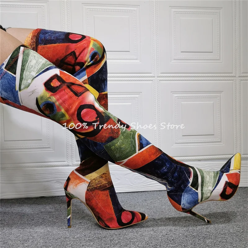 

Fashion Mixed Color Graffiti Prints Women Strecth Boots Sexy Pointed Toe High Heel Over-The-Knee Long Boots Ladies Dress Shoes