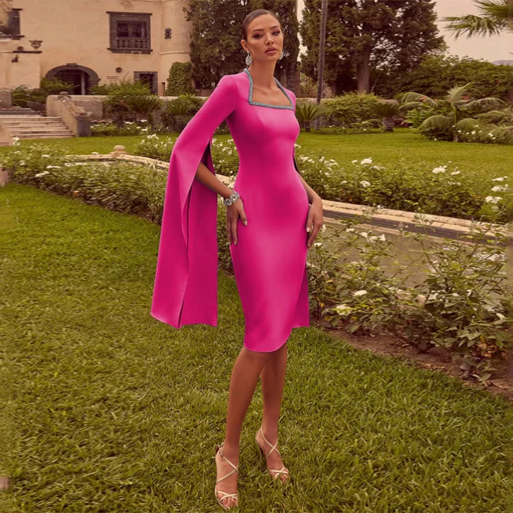 Fuchsia Wedding Guest Dress for Women Midi Mother of the Bride Dresses with Cap Sleeves Elegant Evening Party Gowns