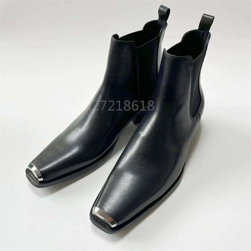 Genuine Leather Metal Square Toe genuine Leather Chealsea Boots Handmade Customized Denim  Wedding Dress Yappi Boots