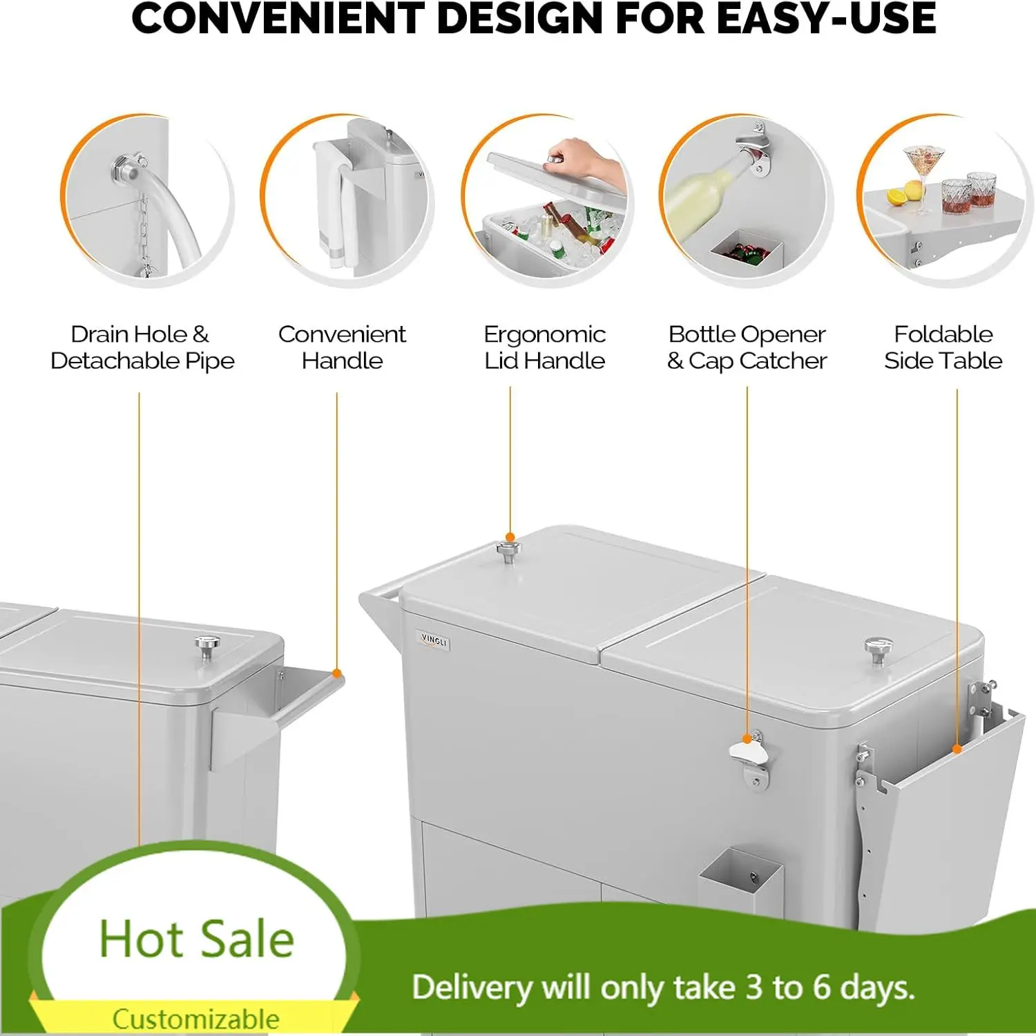 80 Quart Rolling Ice Chest on Wheels, Portable Patio Party Bar Drink Cooler Cart, with Shelf, Beverage Pool