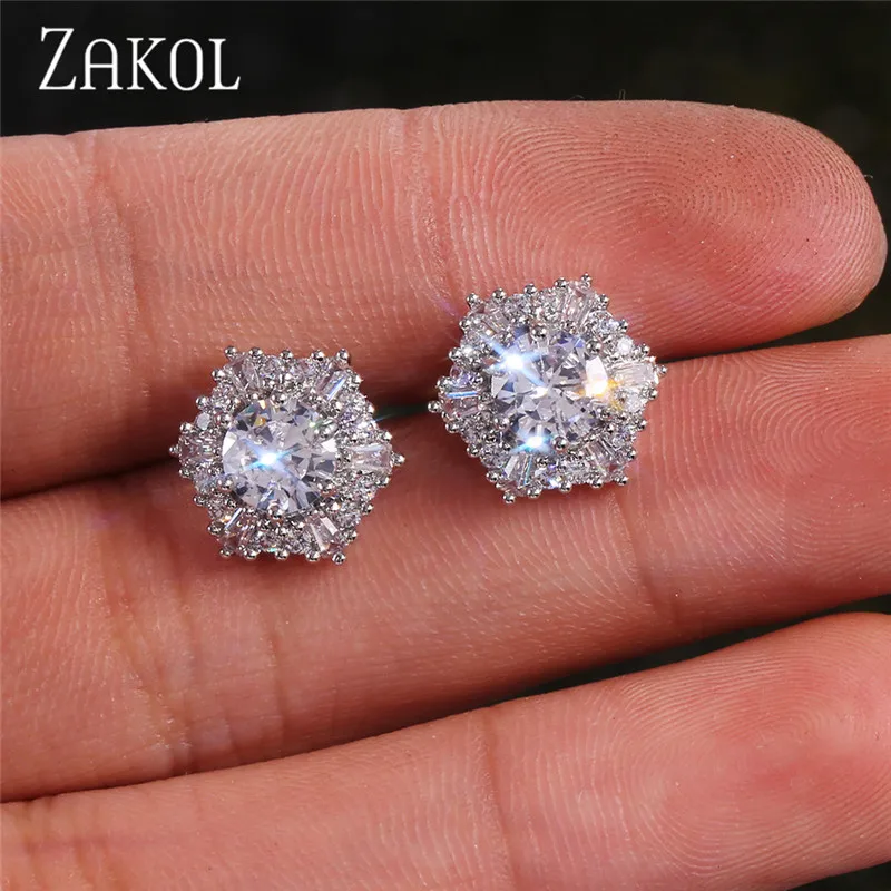 ZAKOL Classic Round AAA Cubic Zirconia Stud Earrings for Women Fashion Geometric Crystal Party Jewelry Brincos EP2421