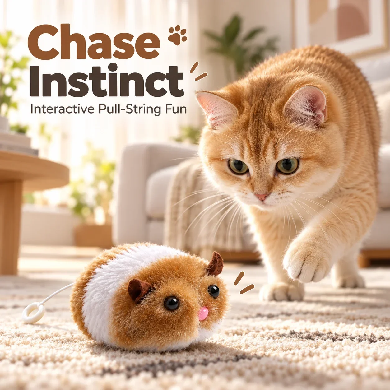 Pull Rope Mouse Cat Toy, Striped Plush Design with Vibration and Squeaker, Interactive Tug Toy for Boredom Relief