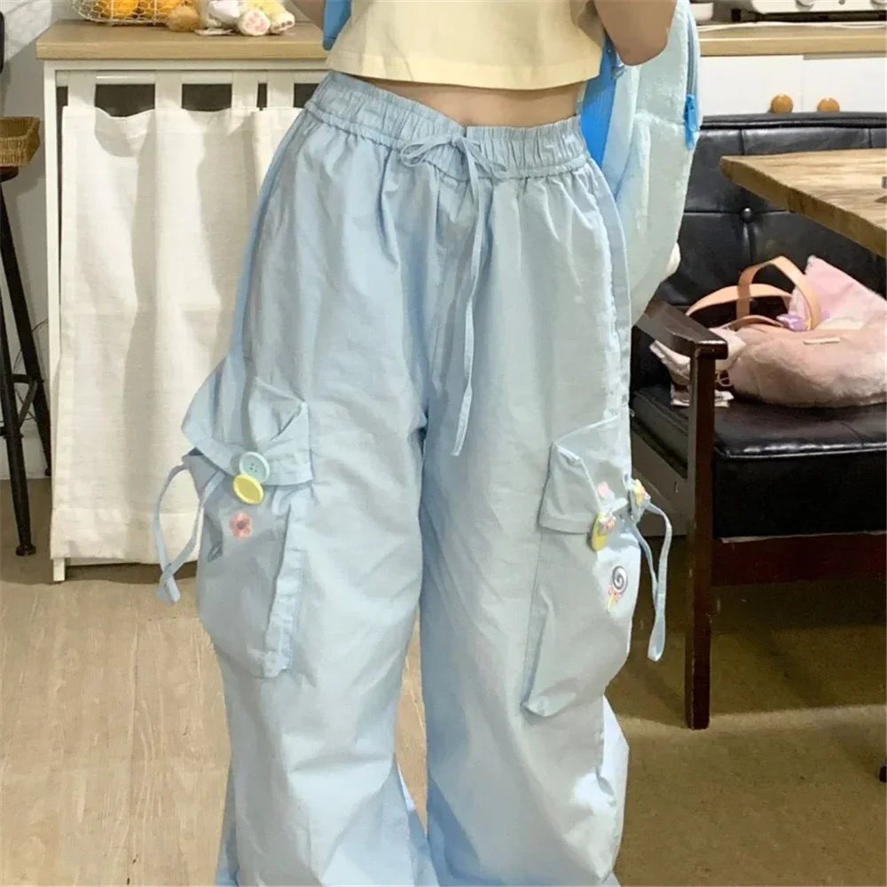 Blue Sweet Embroidered Casual Trousers Women Japanese Versatile Trend Summer High Waist Loose Multi Pocket Wide Leg Cargo Pants