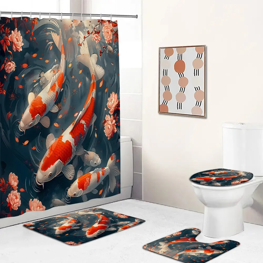 Red Koi Shower Curtain Set Carp Fish Lotus Leaf Pond Cherry Blossom Blessing Summer Nature Bathtub Mat Flannel Toilet Lid Cover