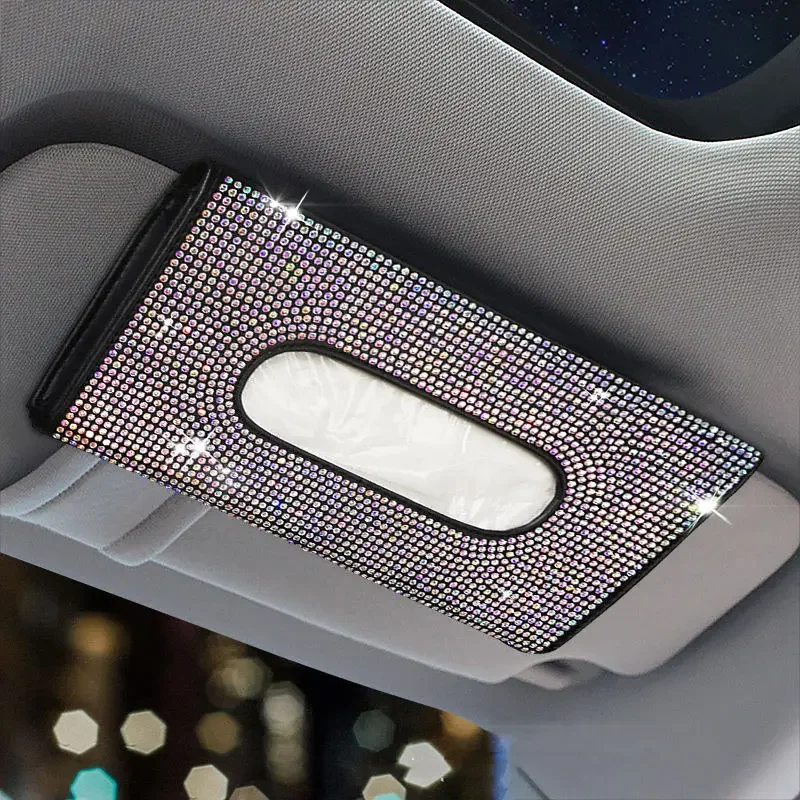 Shiny Rhinestone Crystal Car Tissue Holder Auto Sun Visor Napkin Tissue Holder Leather Backseat Case Holder Car Accessories