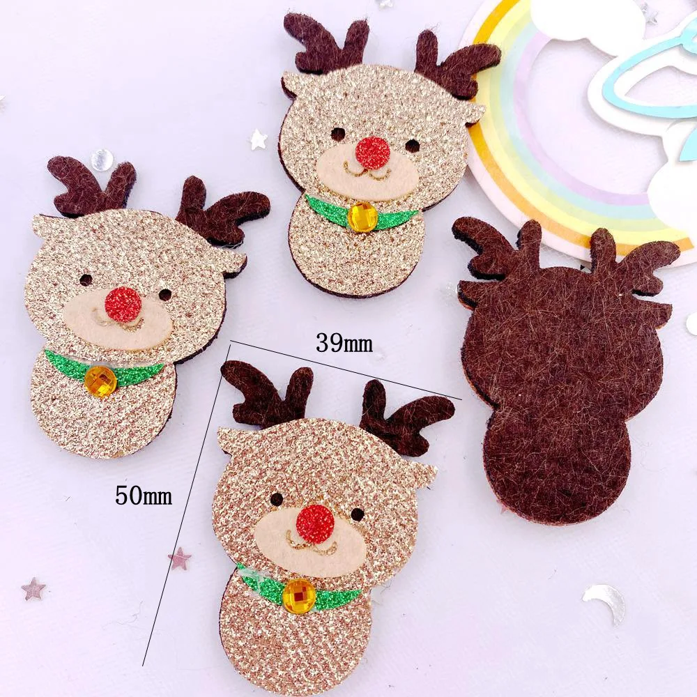 10pcs Felt Fabric Colorful Glitter Cartoon Christmas Deer Baby Patch Rhinestone Applique Sewing DIY Hair Bow Craft Supplie XE812