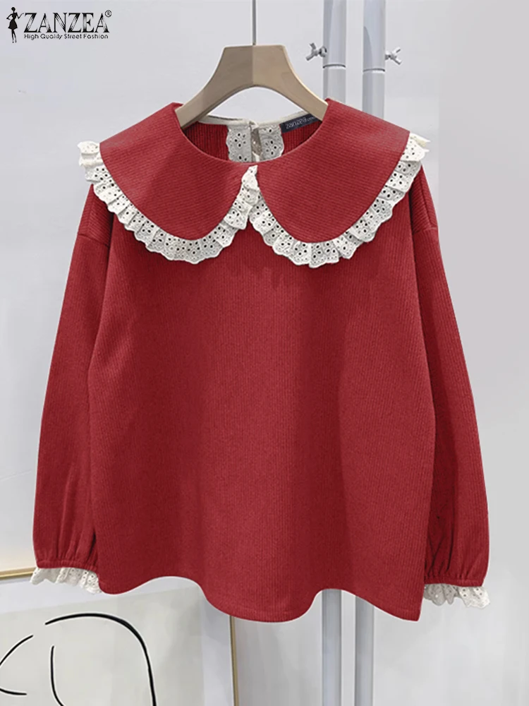 

ZANZEA Peter-Pan Collar 2025 Spring Smock Tops Corduroy Casual Women Long Sleeve Blouses Elegant Lace Patchwork Blusas Mujer