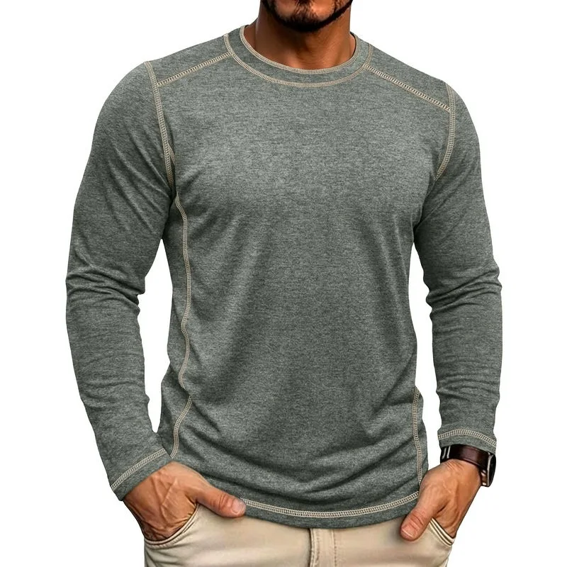 Men Crew Neck Contrast Stitching Long Sleeve T Shirt Solid Color Casual Basic Pullover Tee