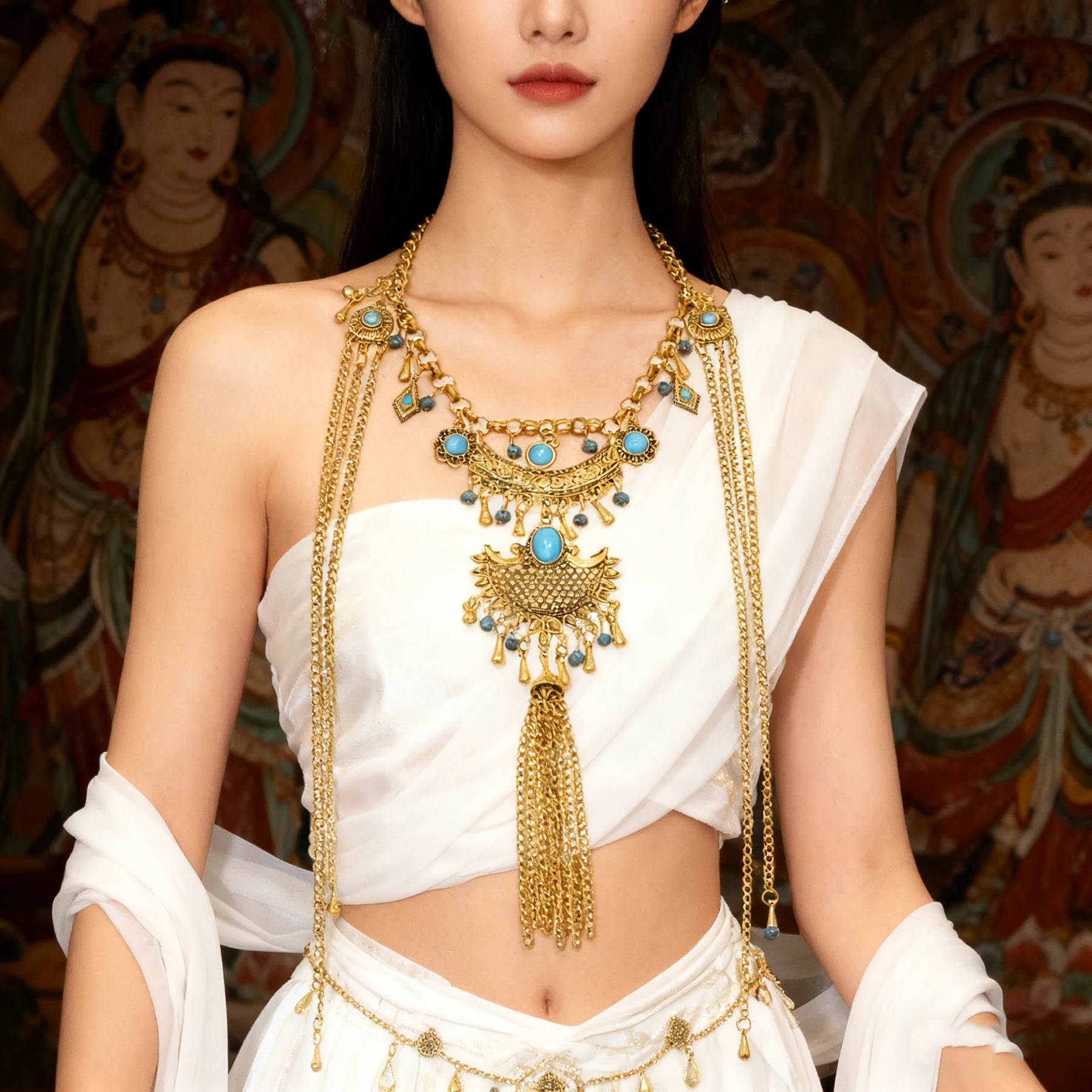Vintage Color Exotic Ethnic Necklace Traditional Indian Belly Dance Party Long Chains Turquoise Moon Pendant Necklaces Jewelry