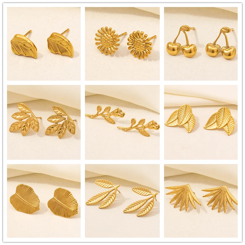 

6pcs Real Gold Plated Fashion Plant Leaf Flower Earrings Stainless Steel Ear Studs For Men Women Jewelry Piercing Earring Party