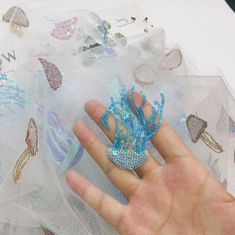 

100x130cm Sequined Lace Embroidered Mesh Fabric with Colorful Jellyfish Pattern Children's Clothing DIY Fabric Accessories