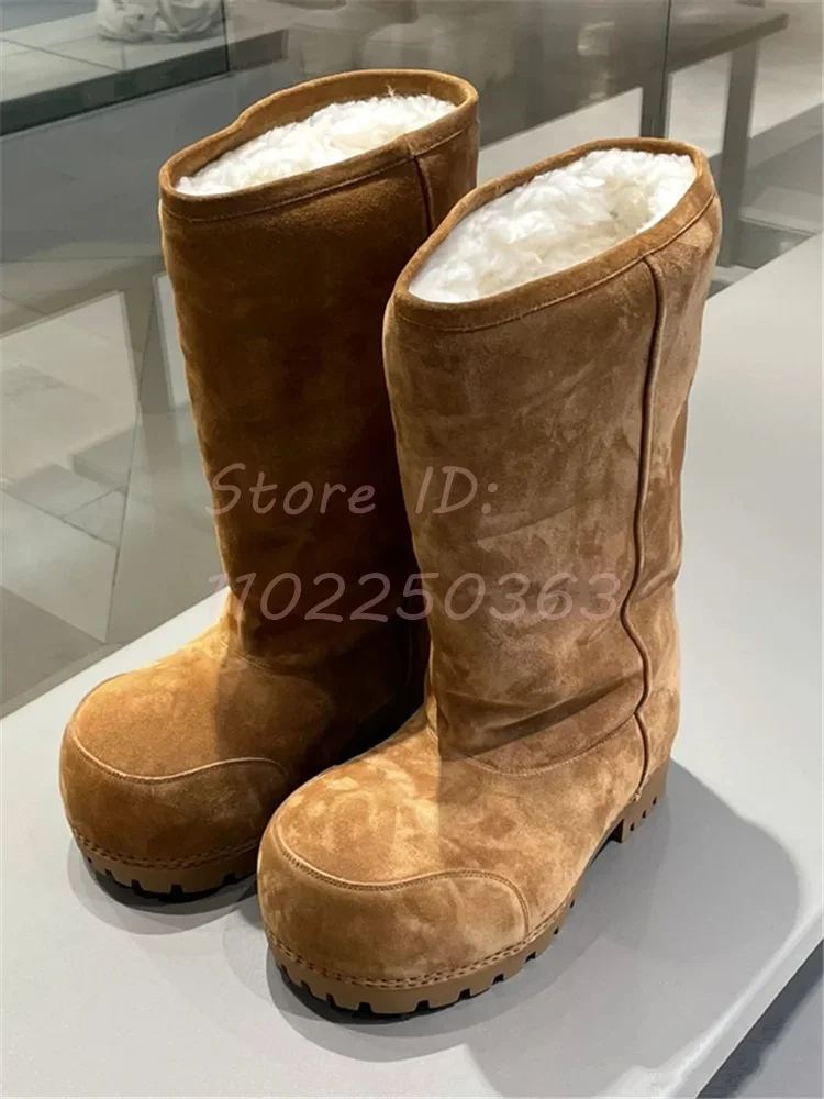 Retro Brown Platform Mid-calf Boots Solid Big Round Toe Wool Slip-on Square Heel Warm Shoes 2024 Women Plush Snow Boots Winter