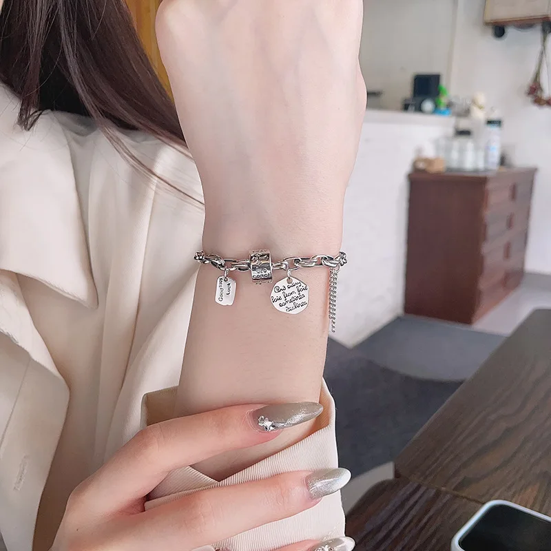 925 Silver Vintage Multi-Charm Bracelet, Engraved Cross Bead, Luck Tag and Cursive Charm, Trendy Ins Fashion Accessory