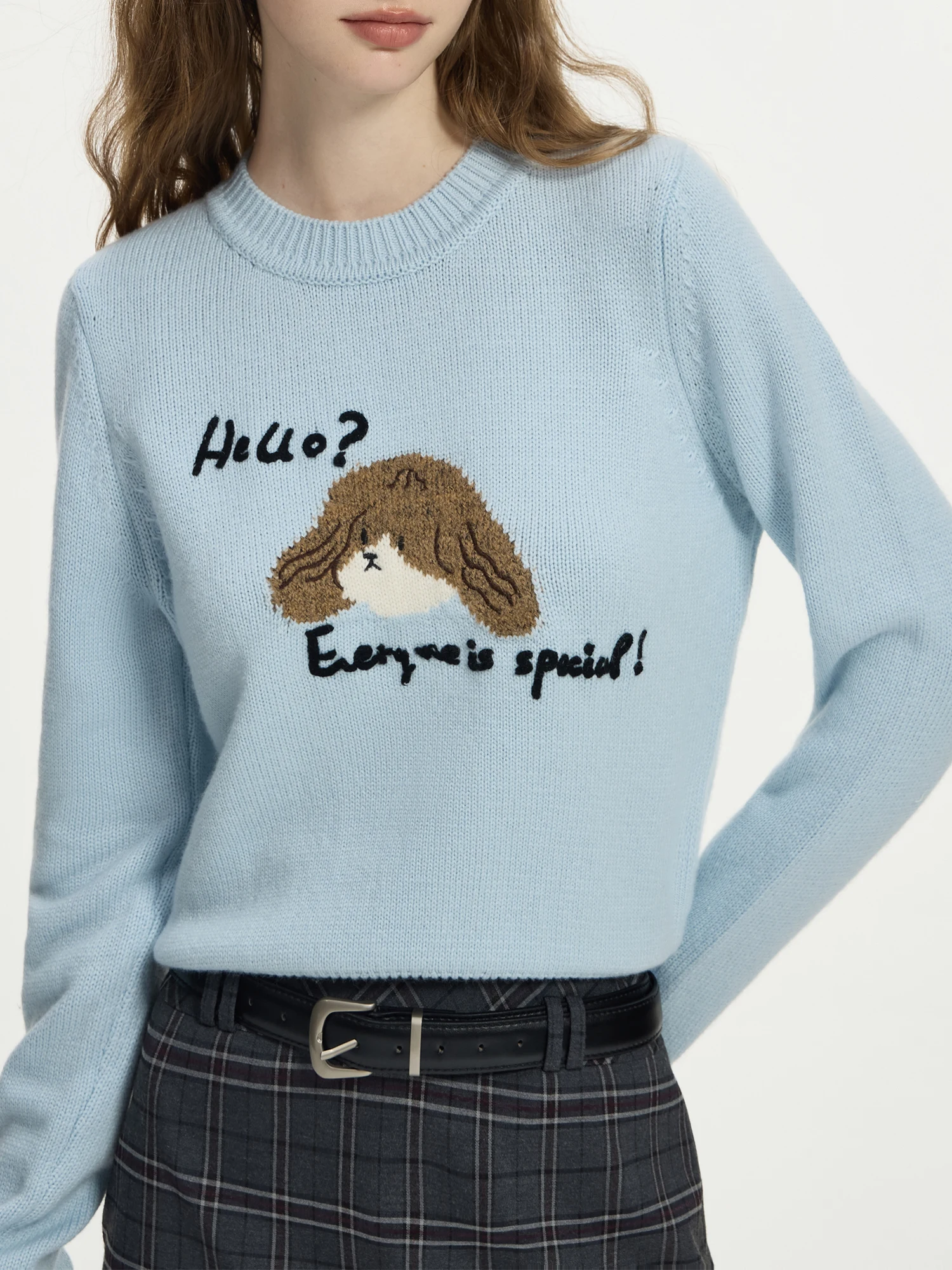 

FSLE 29.1% Wool Round Neck Cartoon Puppy Letters Pullover Knit Sweater For Women 2024 Fall Winter New Design Pullover 24FS14245