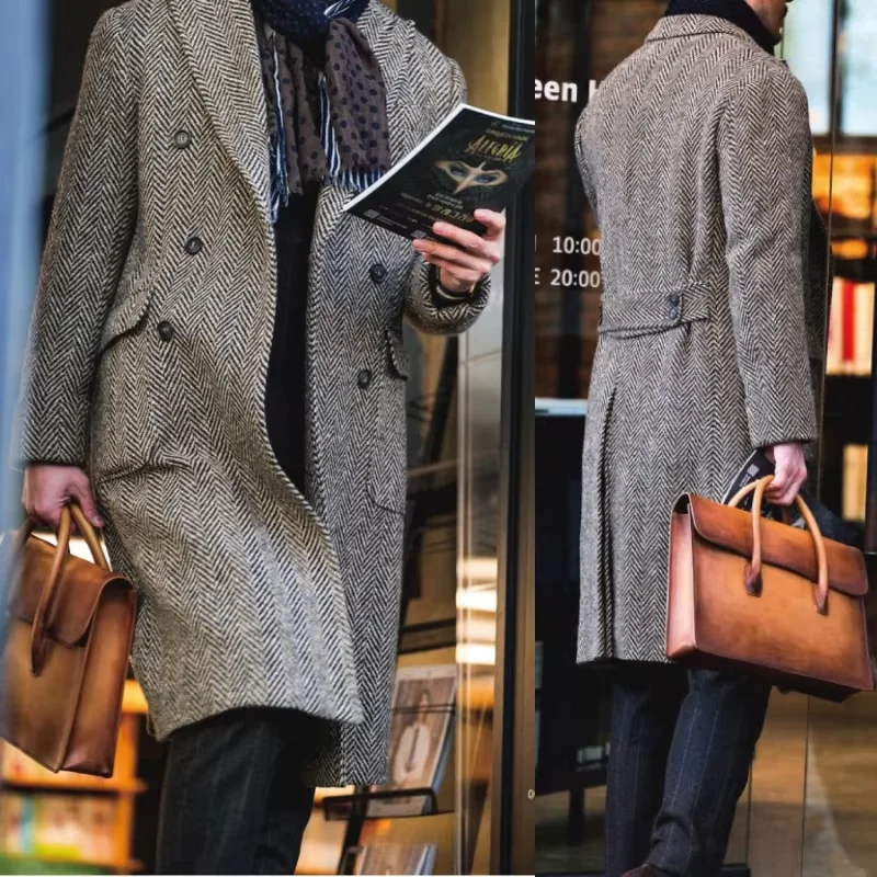 

British Men's Autumn and Winter Wool Blend Herringbone Double Breasted Polo Coat Retro Handmade Long Jacket