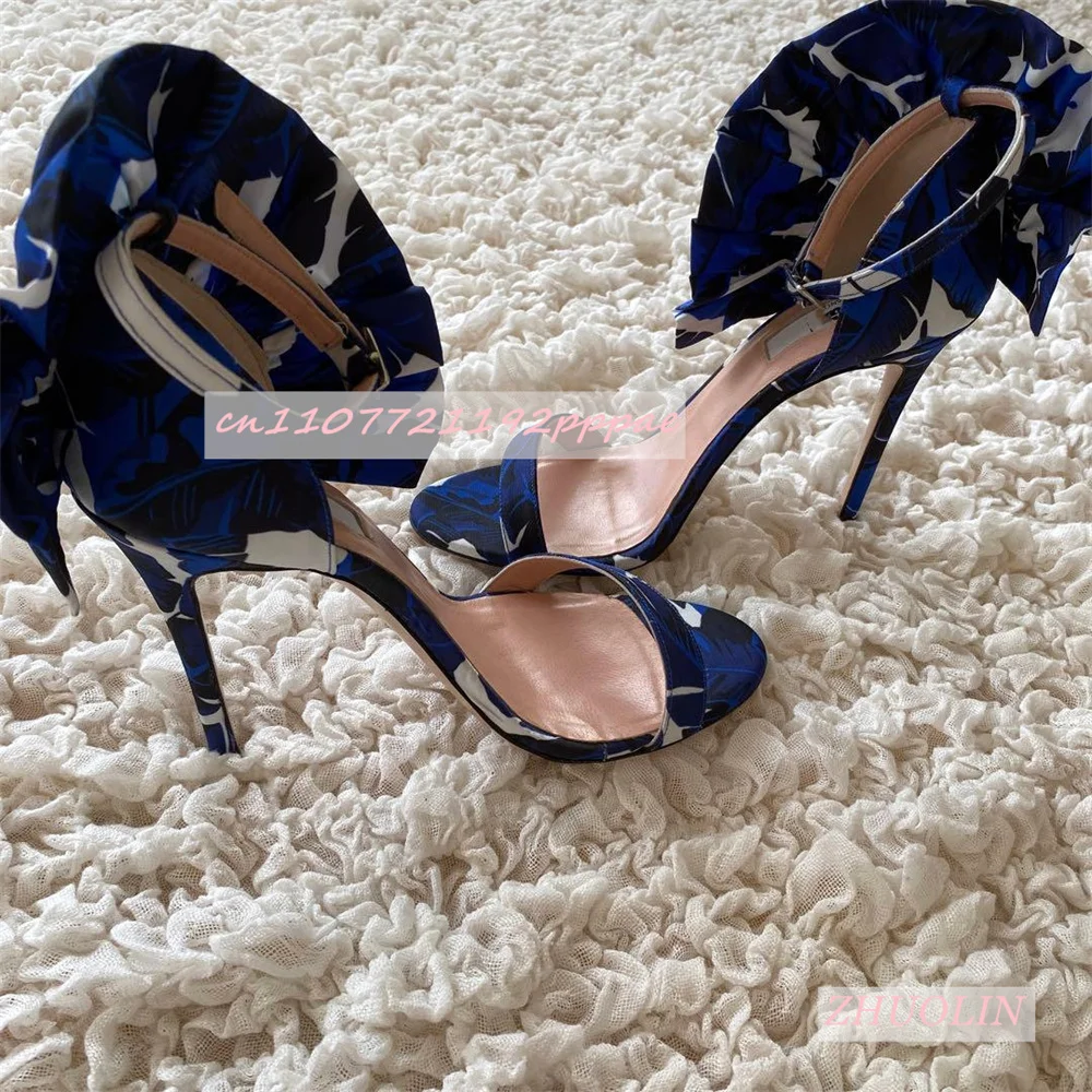 

Summer Blue Ruffle Lace High Heels Round Toe Buckle Strap Stilettos Women'S Shoes Elegant Plus Size Dinner Sandals Gladiator 46