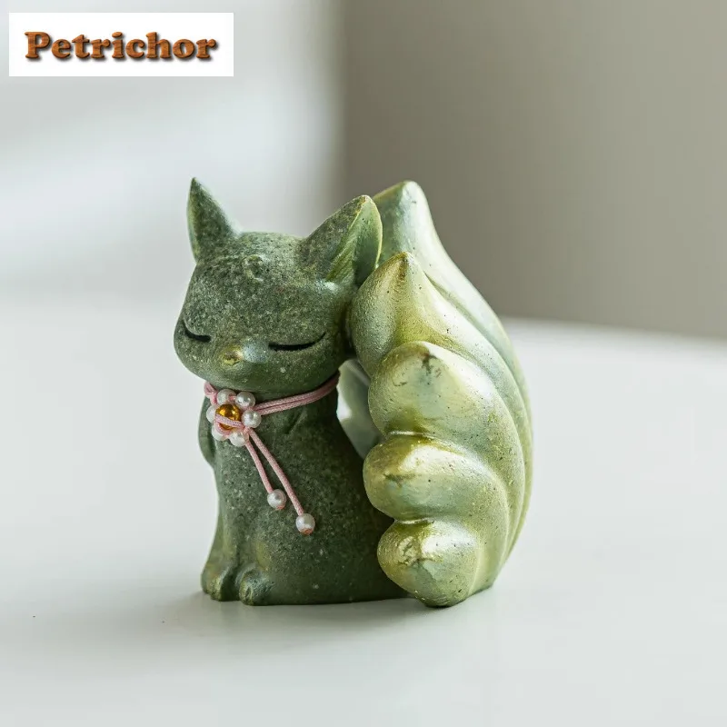 Little Spirit Green Sand Stone Nine-tailed Fox Tea Pet Boutique Fish Tank Landscaping Tea Figurine Play Toys Tea Statue Ornament