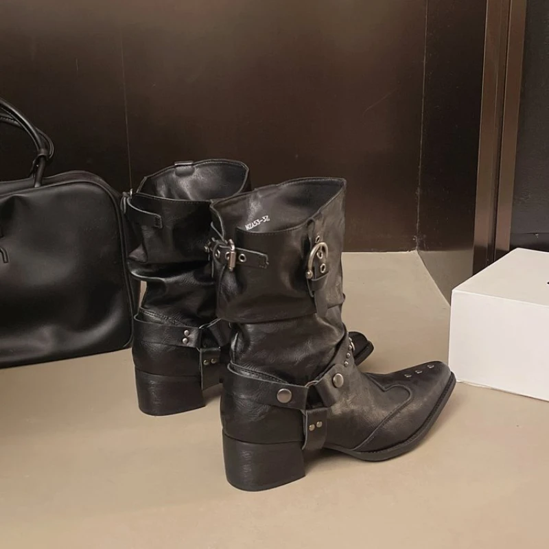 Y2k Motorbike Mid-calf Boots Retro PU Pointed Toe Low Heel Denim Style Boots Studded Women's Mid-calf Boots Street Fashion Boots