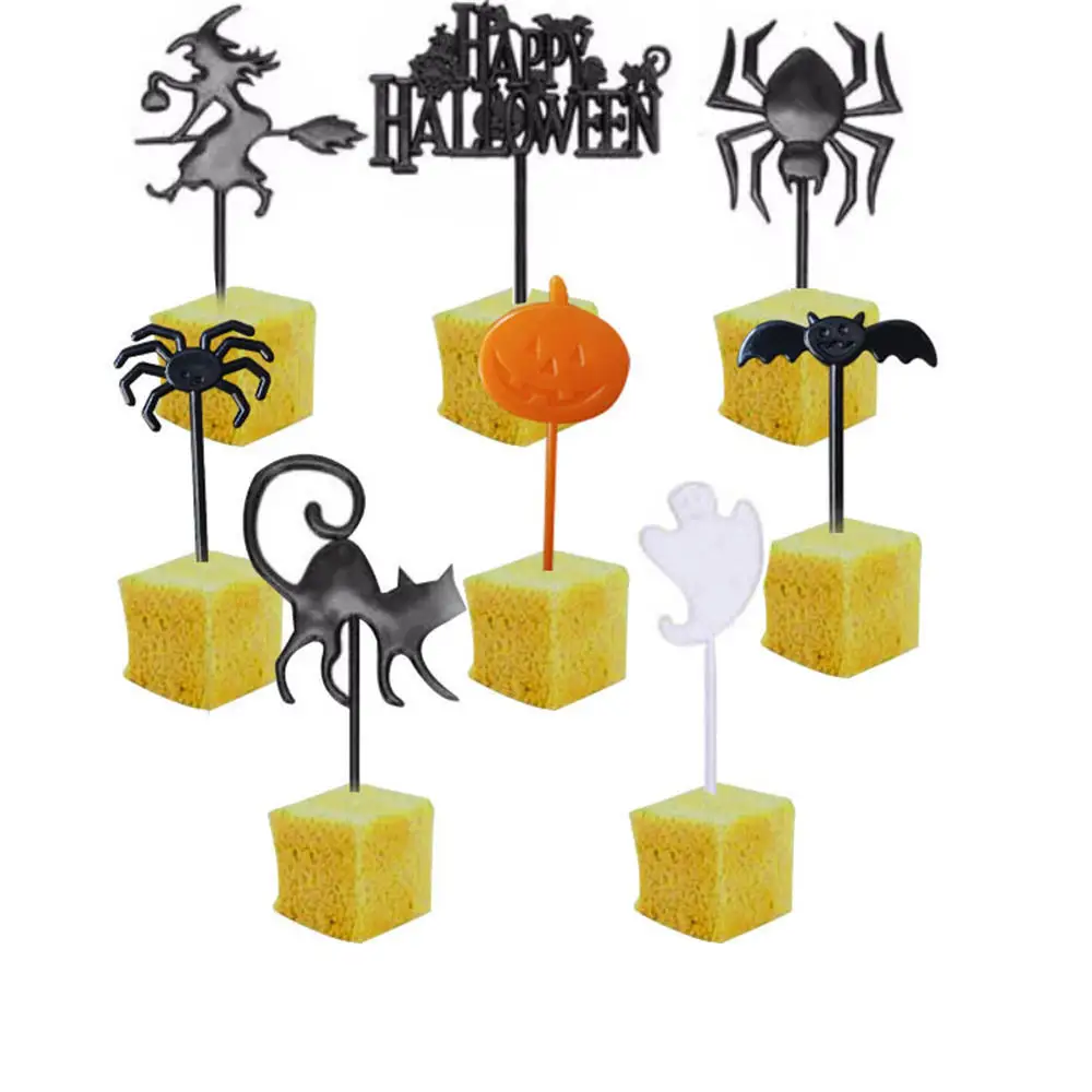 8 Pcs Paper Cup Cake Toothpick Decoration Halloween Spider Paper Cake Toothpick Plastic Party Pumpkin Bat Spider Design Cake Top