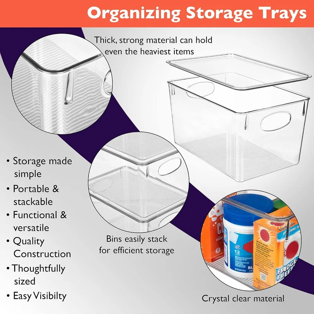 뚜껑이 달린 플라스틱 보관함-완벽한 주방 냉장고 정리함, 식료품 저장실 정리정돈, 캐비닛 오거나이저