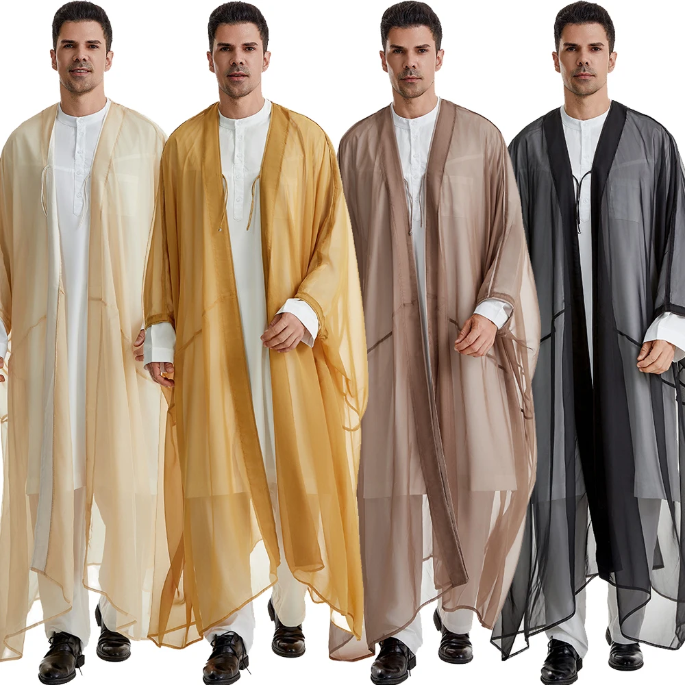 Kimono kardigan pria Muslim, jubah Kimono pria Muslim, jubah Arab Saudi, Kaftan Dubai djellas, Gaun panjang