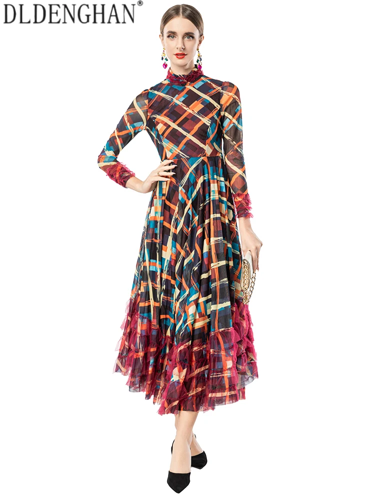 DLDENGHAN المرأة منقوشة طباعة الوقوف طوق فستان بكم طويل الكشكشة أنيقة فستان حفلة الخريف المألوف الإناث فستان طويل #2