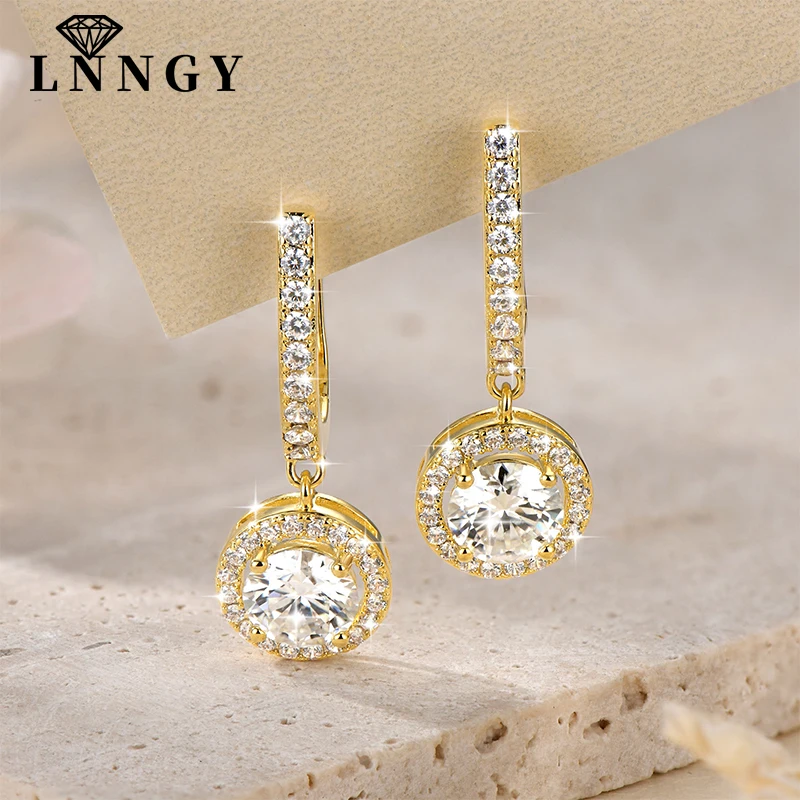 Lnngy Trendy 14K Gold Filled Dangle Earring 6,5MM 1CT runde Moissanit-Tropfenohrringe für Frauen, funkelnder Hochzeitsschmuck, Geschenk