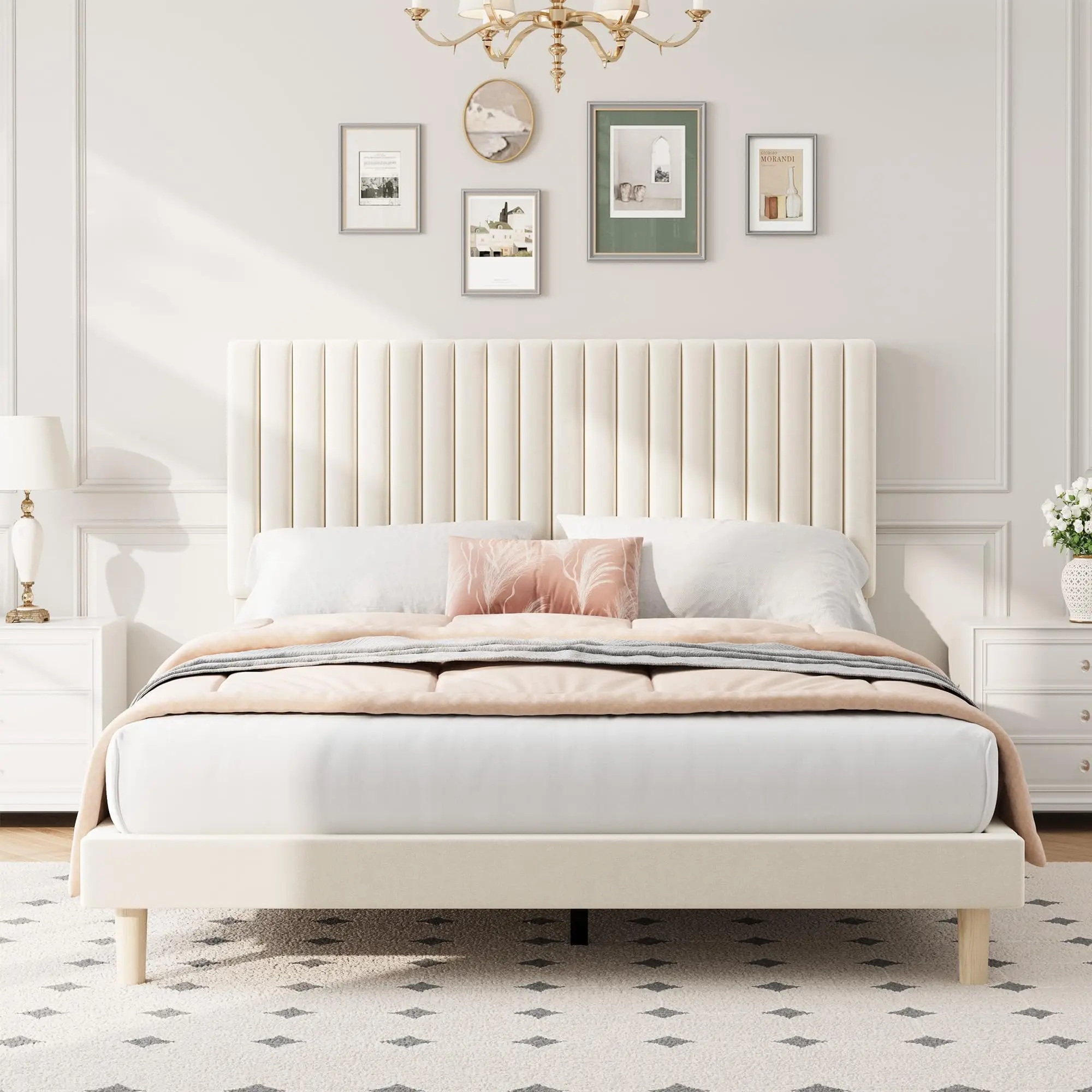Twin Full Queen King Velvet Upholstered Bed Frame, Adjustable Channel Tufted Headboard, Wood Slats, 800lb Platform, No Box Spring view 2