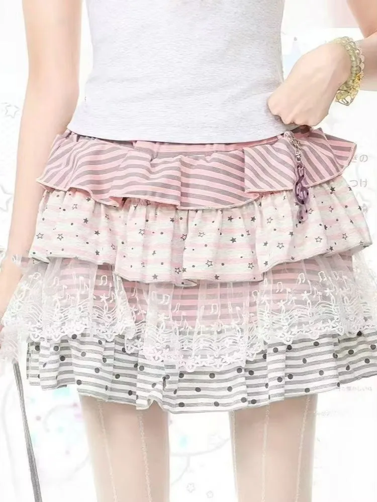 Mini Skirts Women Lace Patchwork Polka Striped Printed Lolita Style Vintage Y2k Aesthetic Harajuku Cake Skirt Ladies