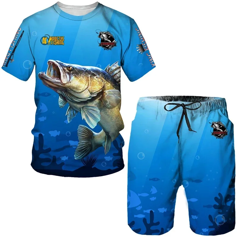 Fishing Battle Camo mode 3D Poker 2Pcs set pria T-shirt Set leher-o tee celana pendek dua potong set kasual Harajuku anak laki-laki Sweatshirt