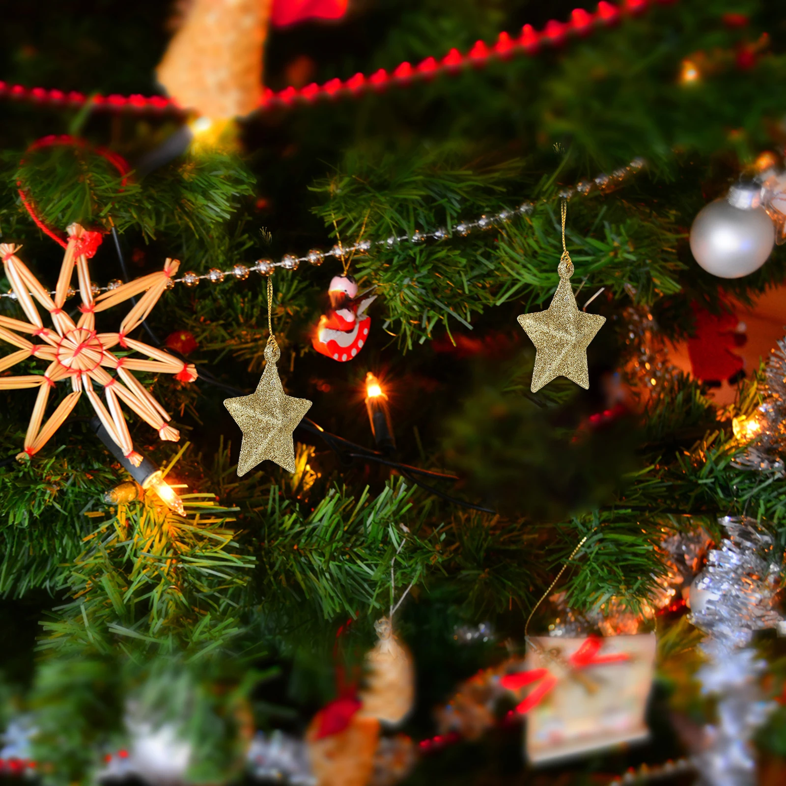 

30Pcs Xmas Star Pendant Glitter Gold Small Hanging Ornament for Christmas Tree Holiday Party Garden Festive Decor