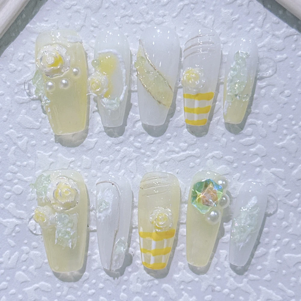 Diy 10Pcs Sweet Girl Long Coffin Pure Handmade Fake Nails Stickers Rhinestone Hand Painted Butterfly Reusable Full Cover Nails