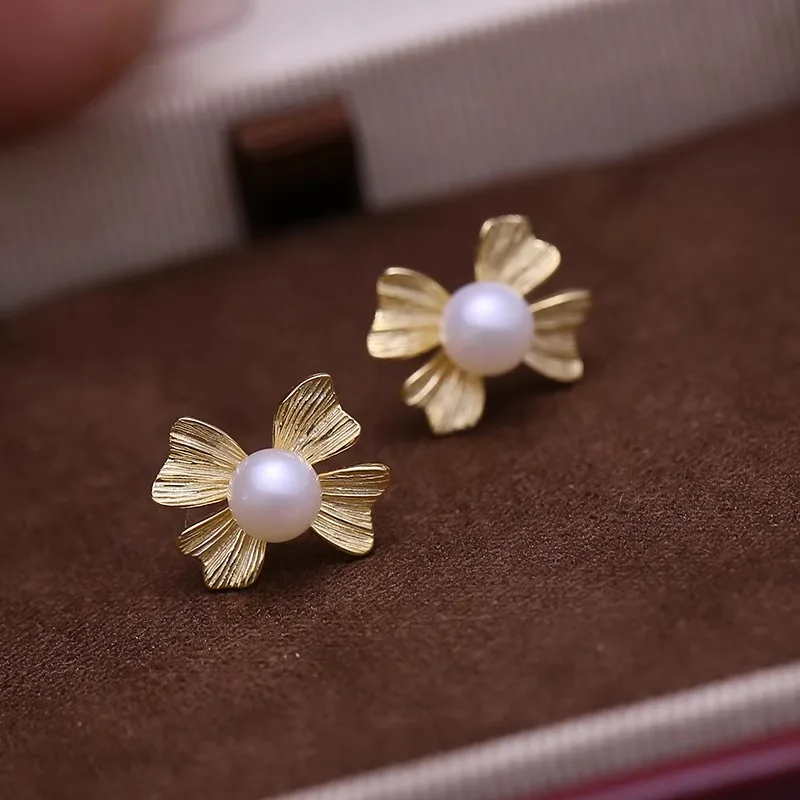 

MeiBaPJ DIY 925 Silver Holder 5mm Round Natural Pearls Fashion Bow Stud Earrings Fine Wedding Jewelry for Women