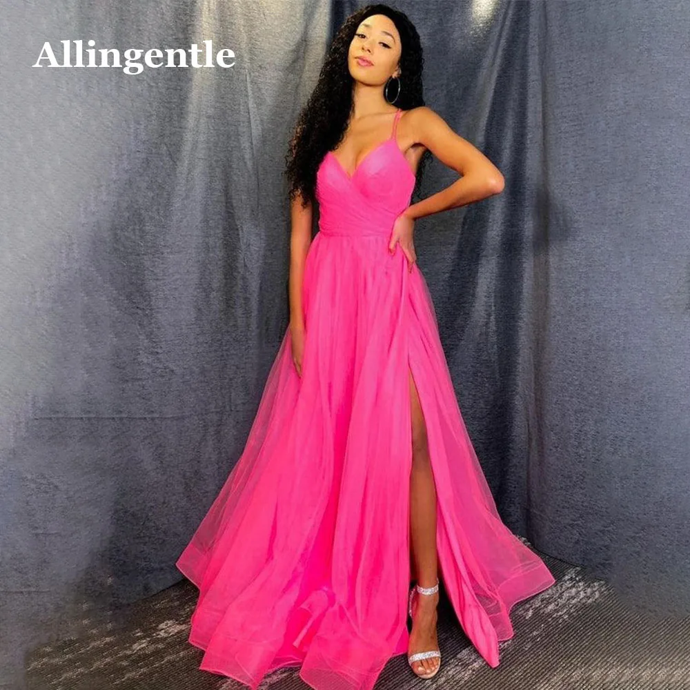 Allingentle Hot-Pink Tulle Evening Party Dresses Vestidos De Festa Sexy Spaghetti Straps Side Split Formal Prom Dresses Custom